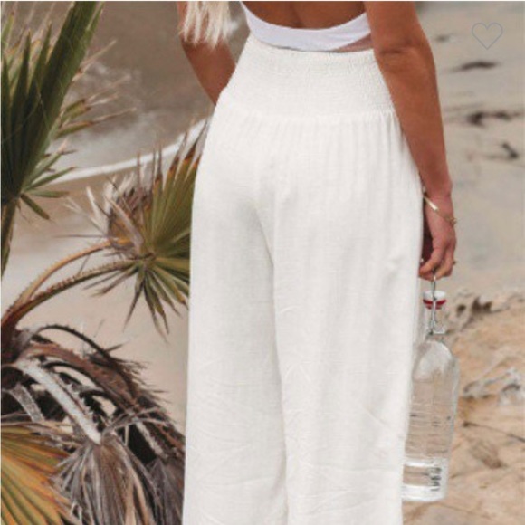 Women’s Khaki Colored Wide Leg Palazzo Pants with Smocked Slimming Waist, size L - Picture 3 of 6